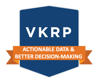 graphic with letters VKRP and ribbon with words Actionable Data & Better Decision-Making