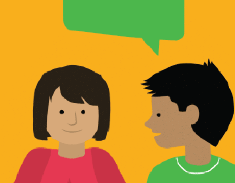 illustration of two children with speech bubble